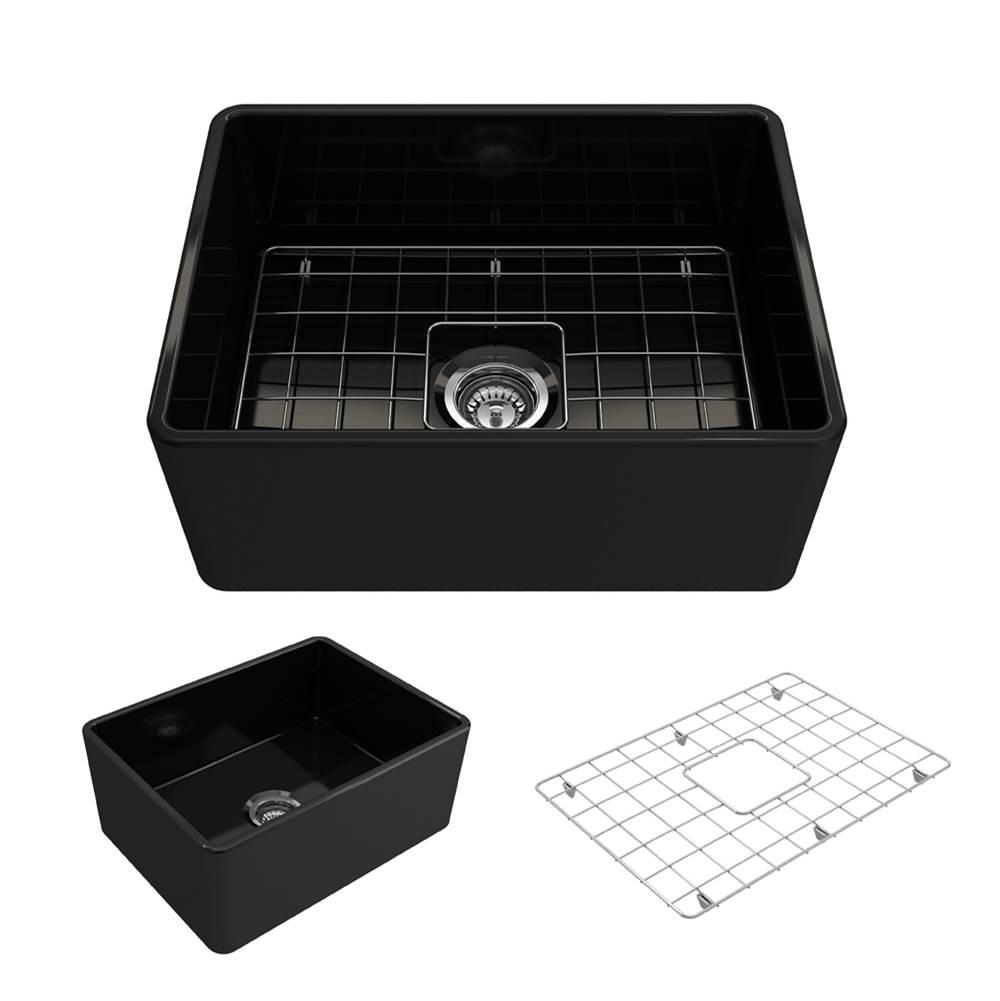 BOCCHI Classico Farmhouse Apron Front Fireclay 24 in. Single Bowl Kitchen Sink with Protective Bottom Grid and Strainer in Black