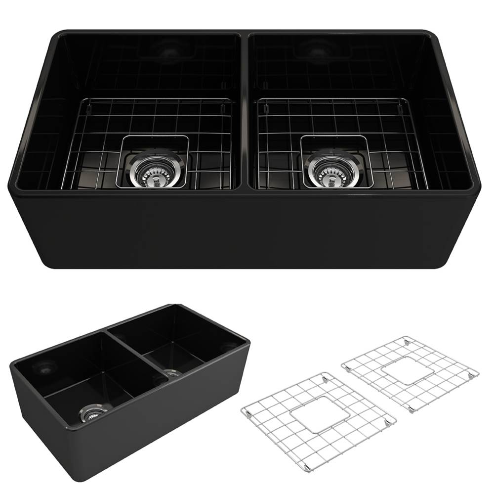 BOCCHI Classico Farmhouse Apron Front Fireclay 33 in. Double Bowl Kitchen Sink with Protective Bottom Grids and Strainers in Black