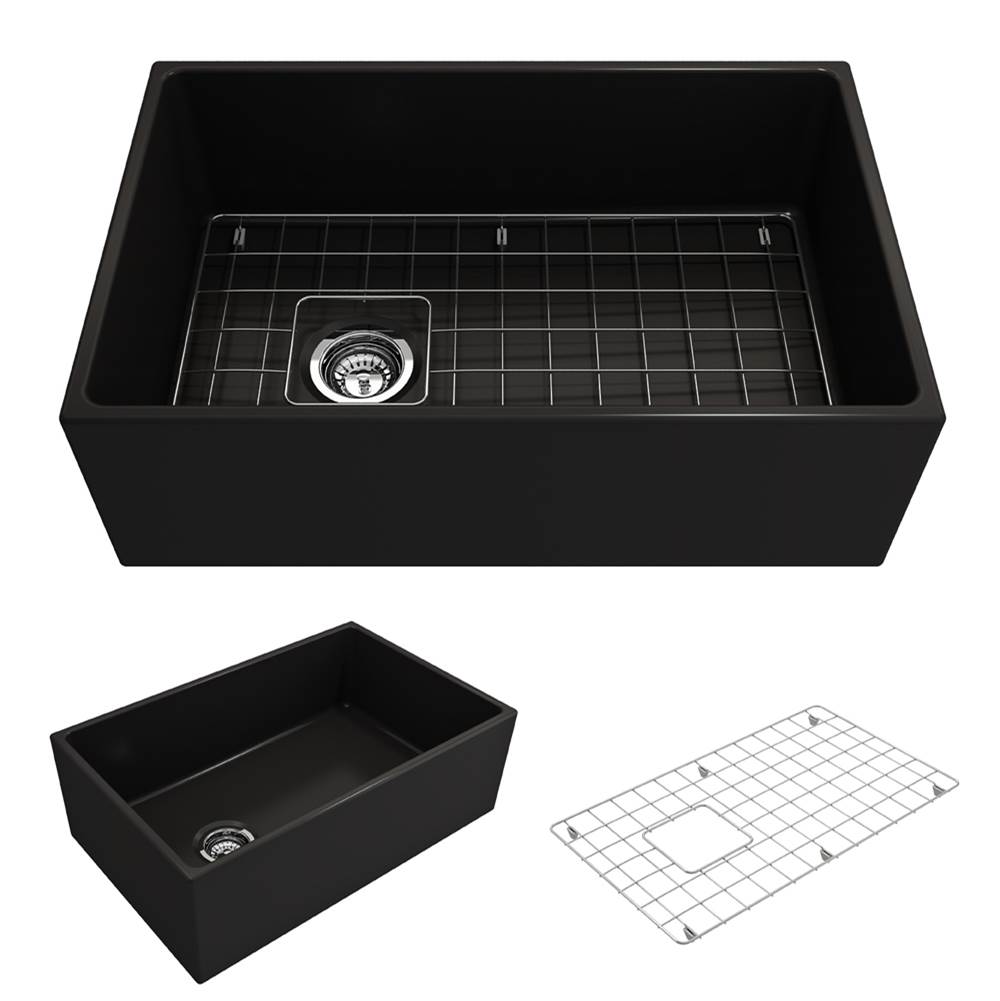 BOCCHI Contempo Apron Front Fireclay 30 in. Single Bowl Kitchen Sink with Protective Bottom Grid and Strainer in Matte Black