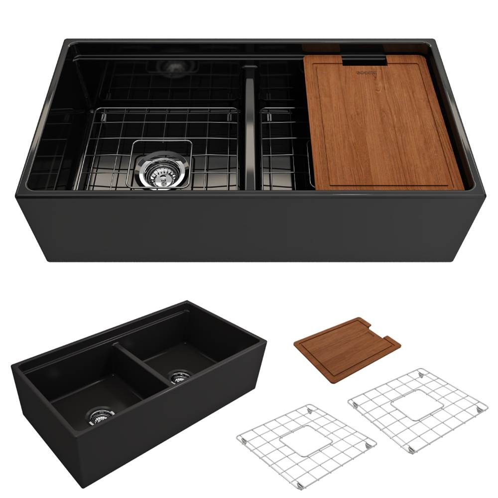 BOCCHI Contempo Step-Rim Apron Front Fireclay 36 in. Double Bowl Kitchen Sink with Integrated Work Station & Accessories in Matte Black