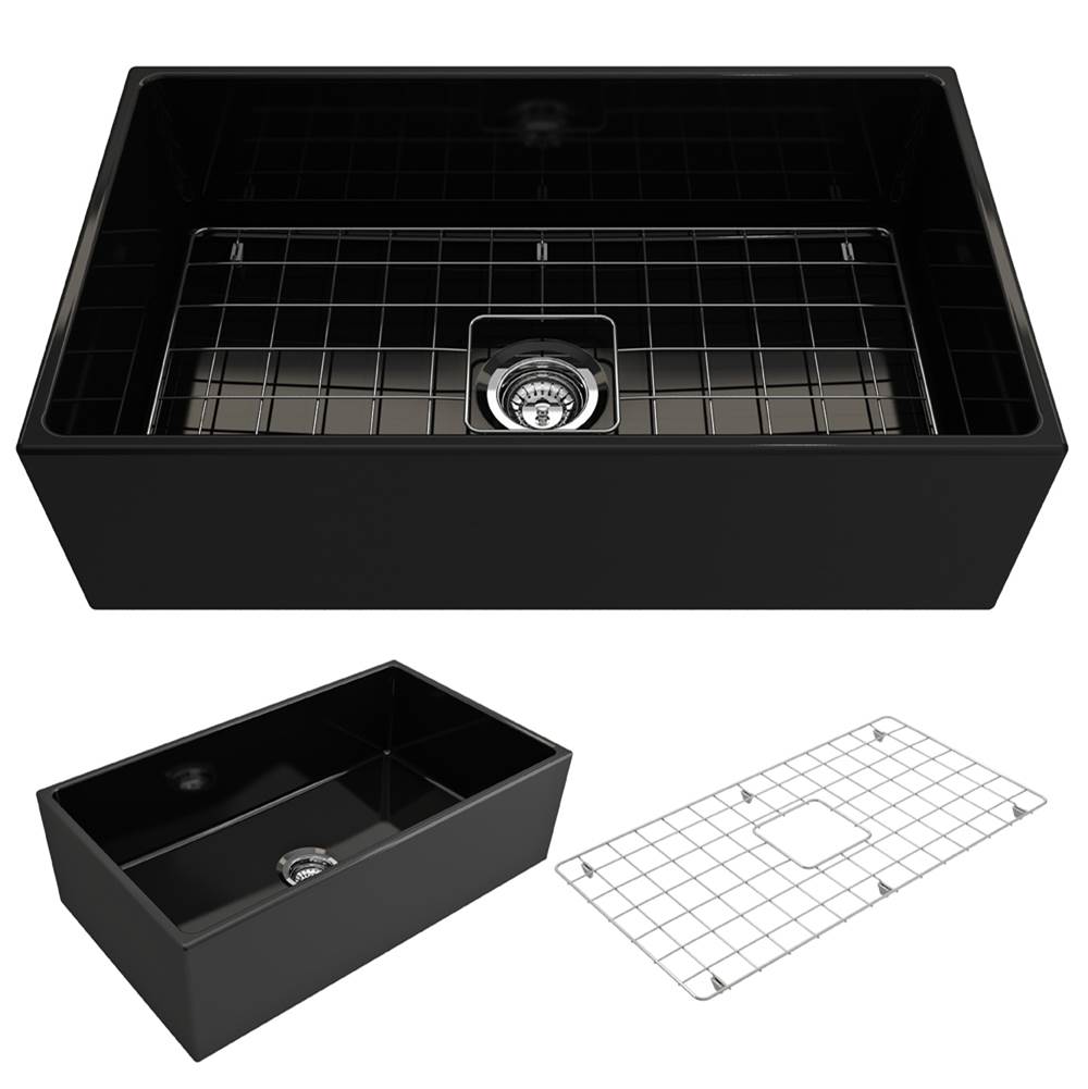 BOCCHI Contempo Apron Front Fireclay 33 in. Single Bowl Kitchen Sink with Protective Bottom Grid and Strainer in Black