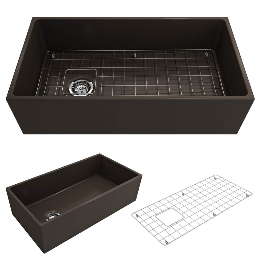 BOCCHI Contempo Apron Front Fireclay 36 in. Single Bowl Kitchen Sink with Protective Bottom Grid and Strainer in Matte Brown