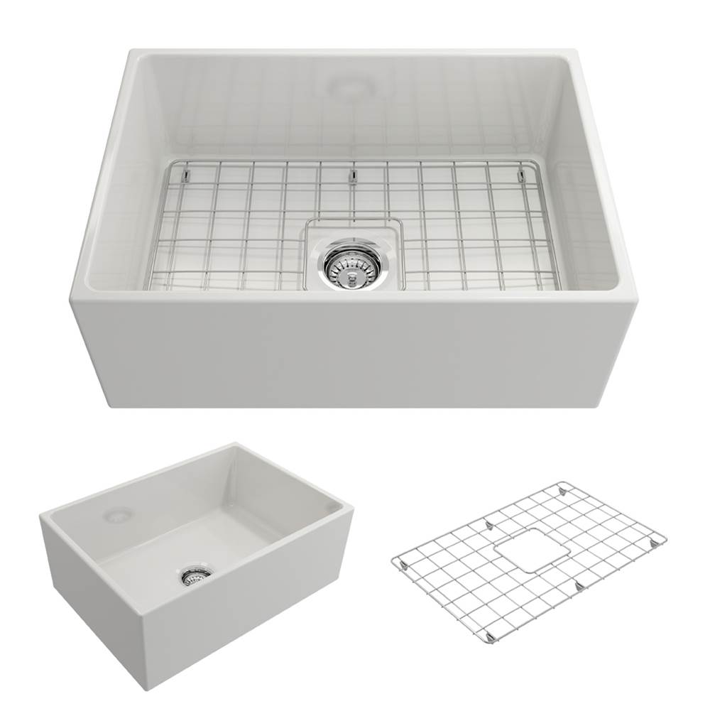 BOCCHI Contempo Apron Front Fireclay 27 in. Single Bowl Kitchen Sink with Protective Bottom Grid and Strainer in White