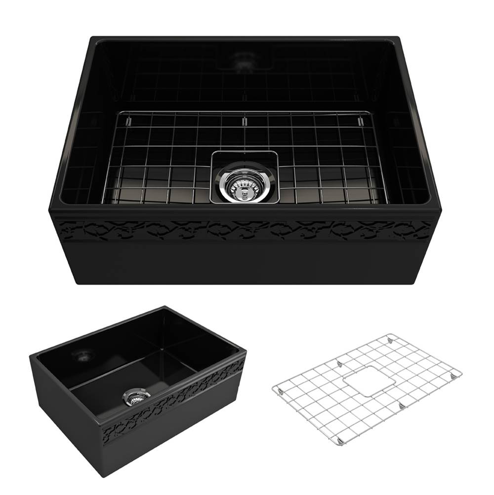 BOCCHI Vigneto Apron Front Fireclay 27 in. Single Bowl Kitchen Sink with Protective Bottom Grid and Strainer in Black