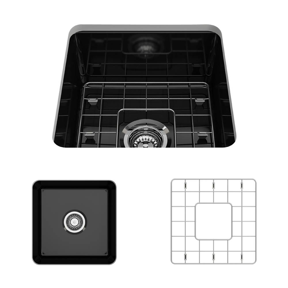 BOCCHI Sotto Dual-mount Fireclay 18 in. Single Bowl Bar Sink with Protective Bottom Grid and Strainer in Black