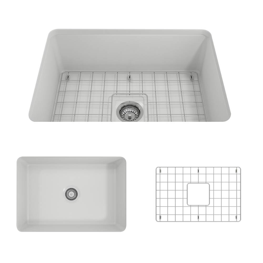 BOCCHI Sotto Dual-mount Fireclay 27 in. Single Bowl KitchenSink with Protective Bottom Grid and Strainer in Matte White