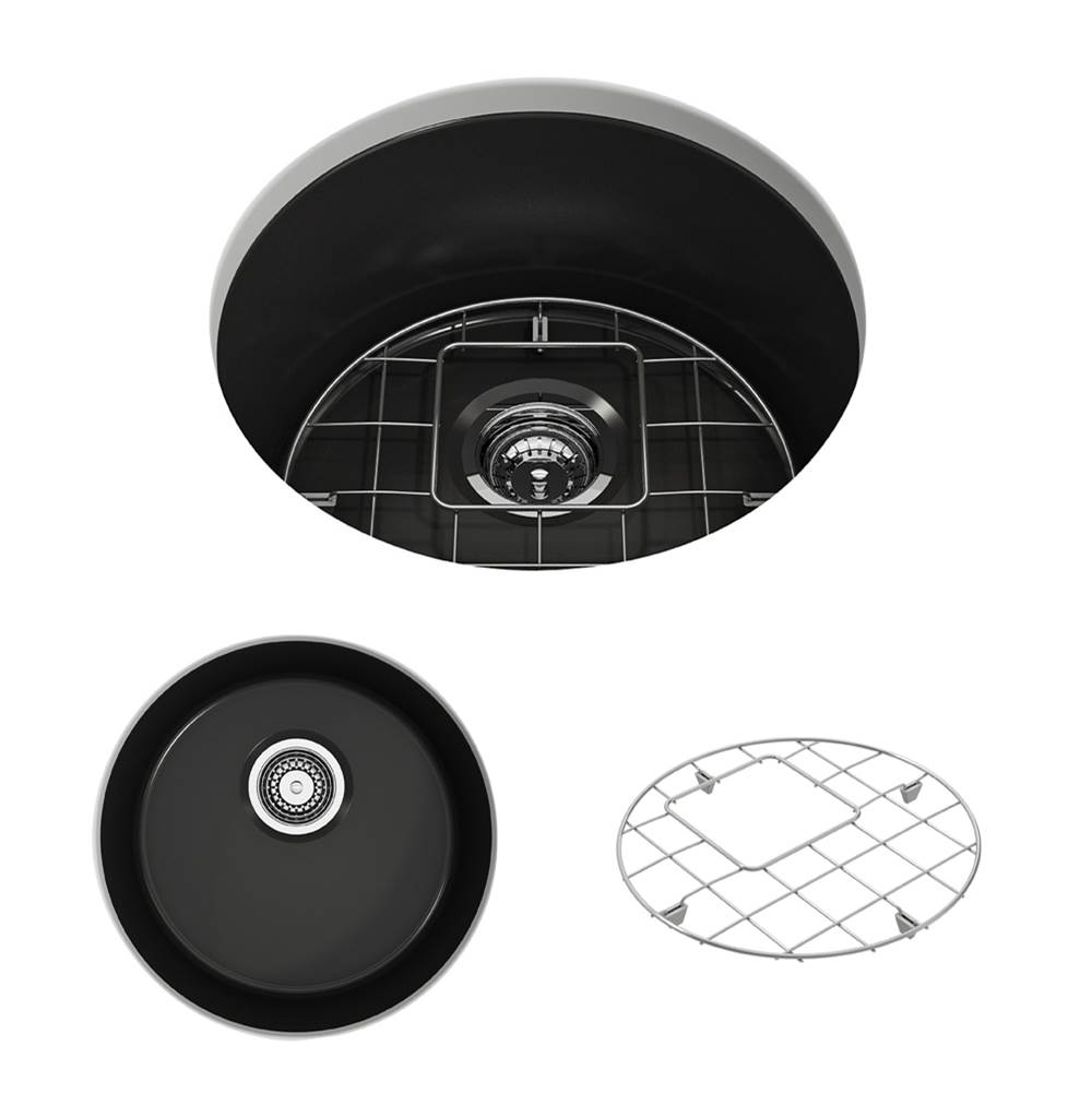 BOCCHI Sotto Round Dual-mount Fireclay 18.5 in. Single Bowl Bar Sink with Protective Bottom Grid and Strainer in Matte Black
