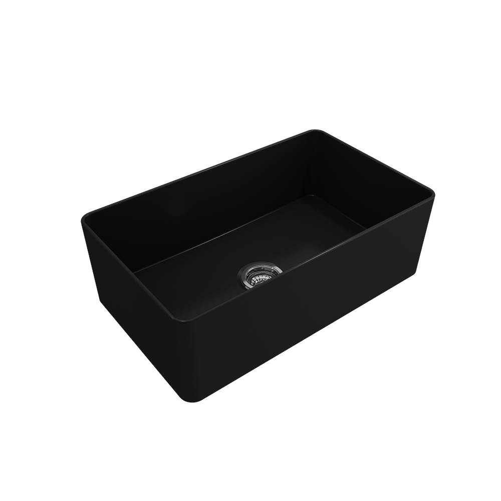 BOCCHI Aderci Ultra-Slim Farmhouse Apron Front Fireclay 30 in. Single Bowl Kitchen Sink with Protective Bottom Grid and Strainer in Matte Black