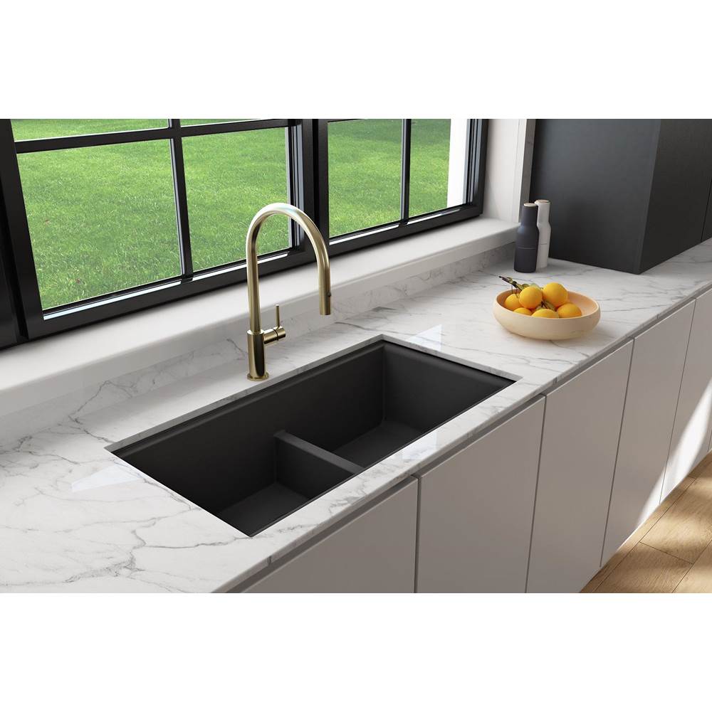 BOCCHI Baveno Lux Undermount 33''. Double Bowl Granite Composite Kitchen Sink with Integrated Workstation and Accessories in Matte Black