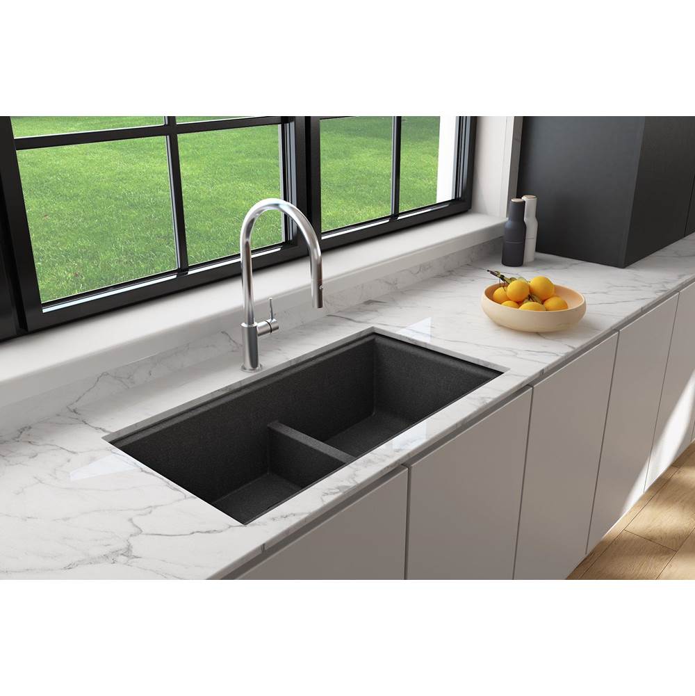 BOCCHI Baveno Lux Undermount 33''. Double Bowl Granite Composite Kitchen Sink with Integrated Workstation and Accessories in Concrete Gray with Covers