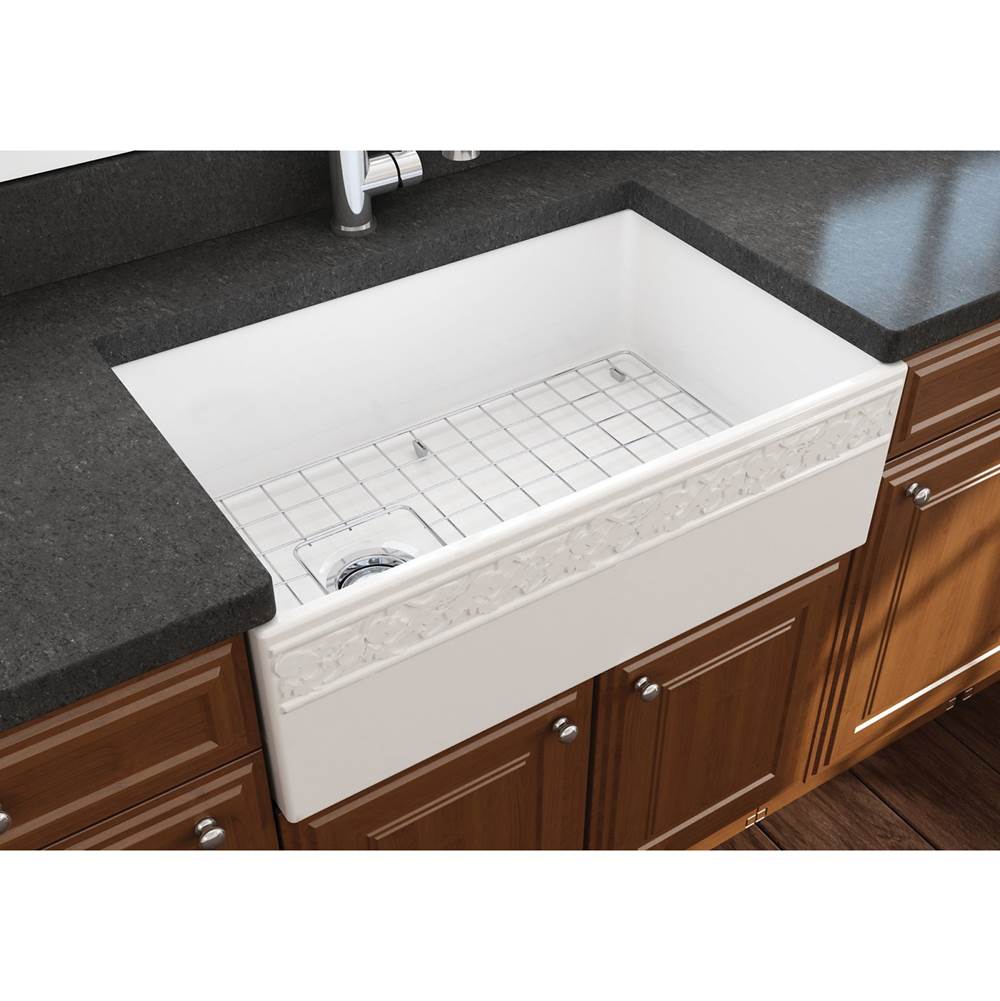BOCCHI Vigneto Apron Front Fireclay 30 in. Single Bowl Kitchen Sink with Protective Bottom Grid and Strainer in White