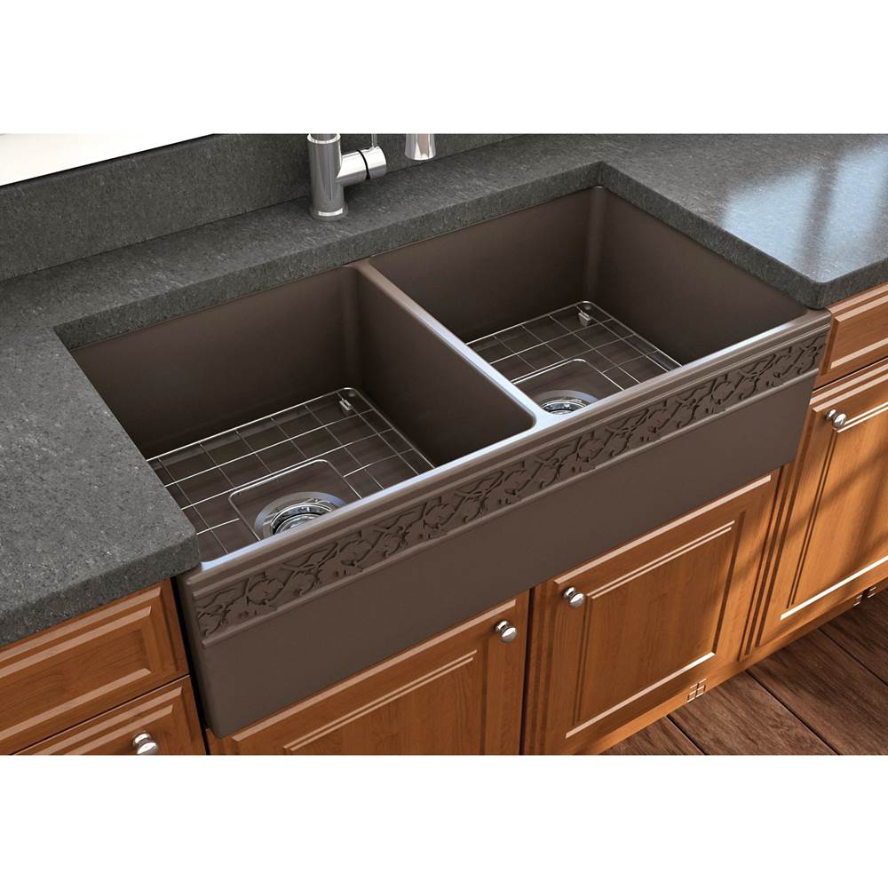BOCCHI Vigneto Apron Front Fireclay 36 in. Double Bowl Kitchen Sink with Protective Bottom Grids and Strainers in Matte Brown
