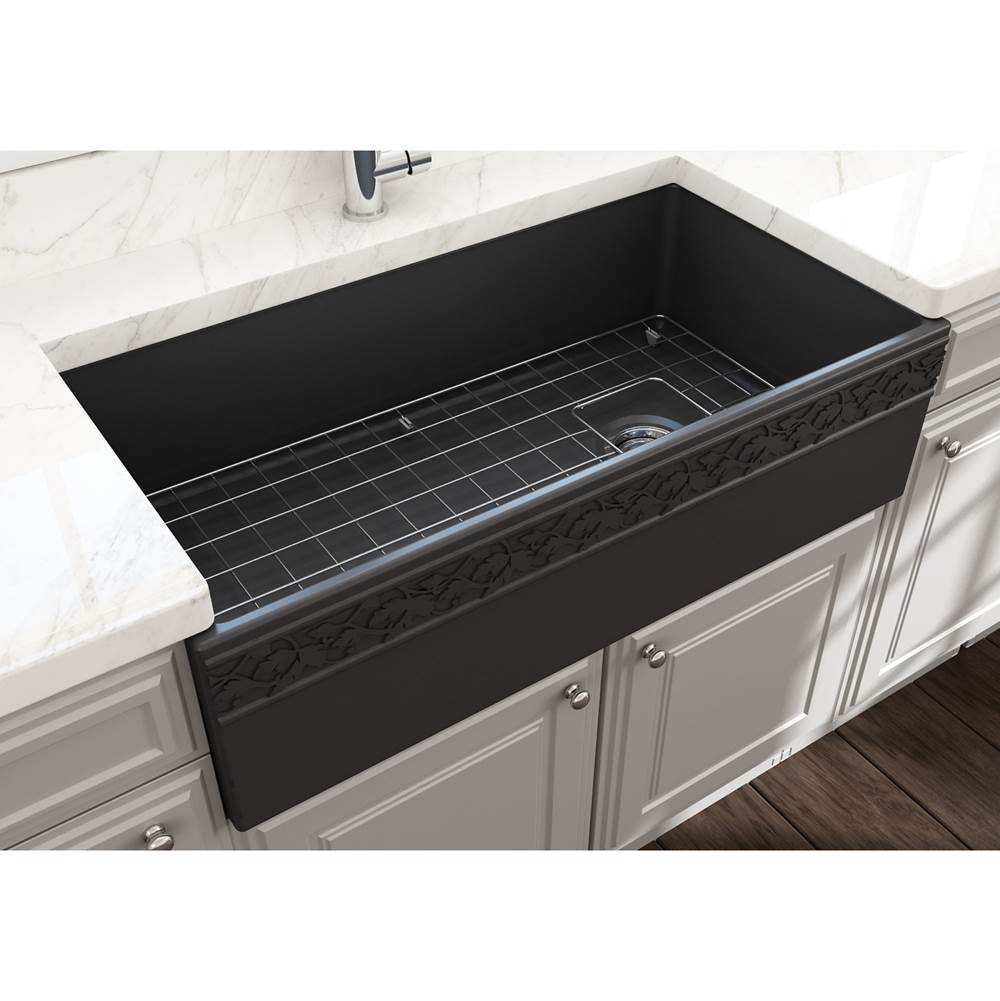 BOCCHI Vigneto Apron Front Fireclay 36 in. Single Bowl Kitchen Sink with Protective Bottom Grid and Strainer in Matte Dark Gray