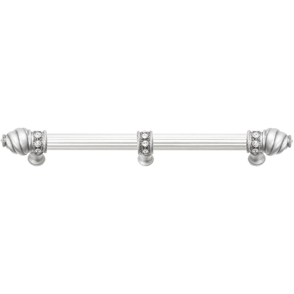 Carpe Diem Hardware Cache 9'' O.C. (Approximately) With 5/8'' Reeded Center Long Pull and Center Brace With 16 Rivoli Swarovski Clear Crystals In Satin