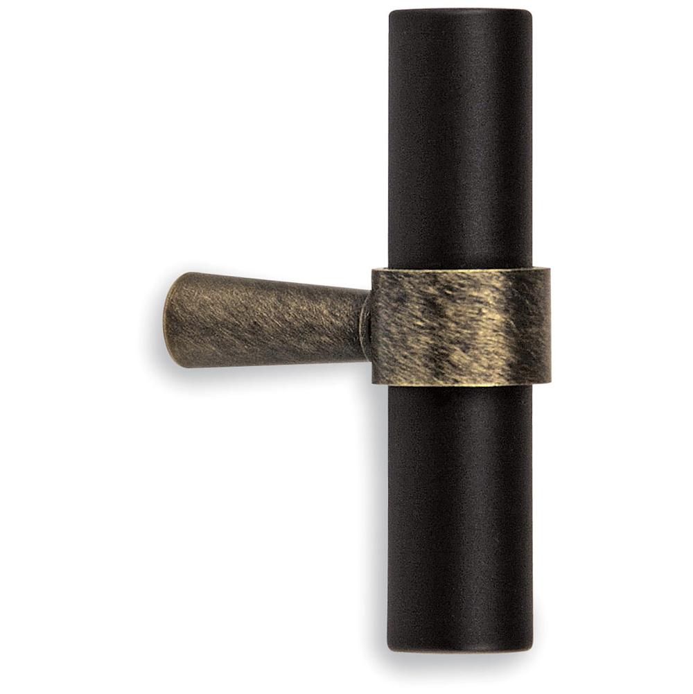 Colonial Bronze T Cabinet Knob Hand Finished in Unlacquered Polished Brass and Matte Satin Black