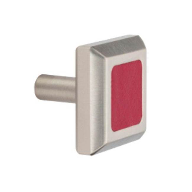 Colonial Bronze Leather Accented Square, Beveled Cabinet Knob With Straight Post, Matte Pewter x Woven Cherry Royale Leather