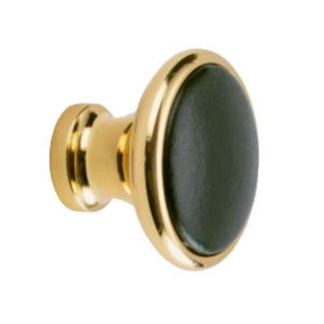Colonial Bronze Leather Accented Round Cabinet Knob, Unlacquered Polished Brass x Rattlesnake White Leather