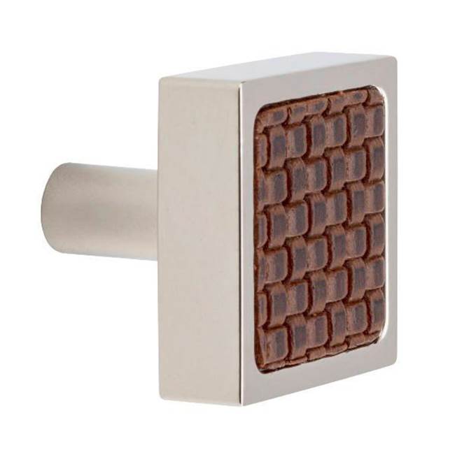Colonial Bronze Leather Accented Square Cabinet Knob With Straight Post, Frost Nickel x Pinseal Brushed Steel Leather