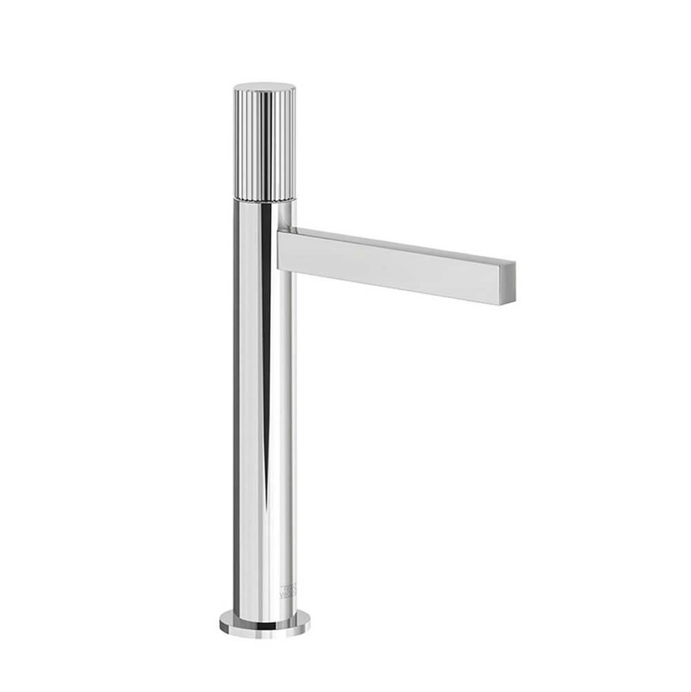 Franz Viegener Vessel Height, Single Handle Lavatory Set, Vertical Lines Cylinder Handle, With Push-Down Pop-Up Drain Assembly (No Lift Rod)
