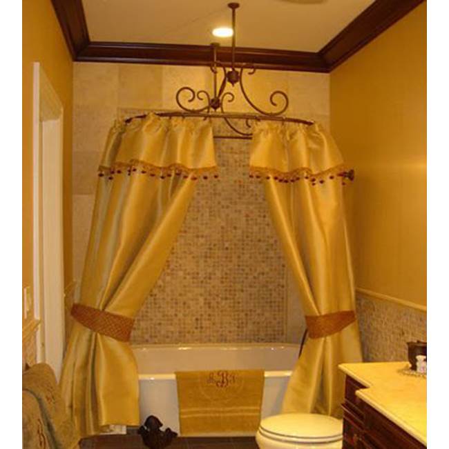 Herbeau ''Art Nouveau'' Shower Curtain Bar with 2 ceiling mount supports and 1 wall mount support in Polished Nickel