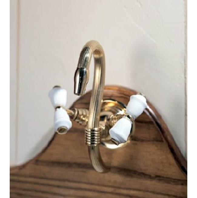 Herbeau ''Verseuse'' Wall Mounted Mixer with White or Handpainted Earthenware Handles in Berain Bleu, Weathered Brass