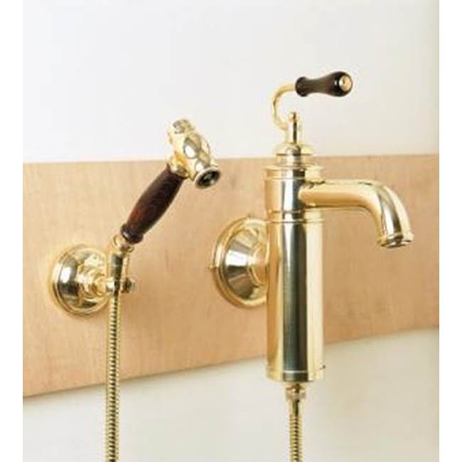 Herbeau ''Estelle'' Wall Mounted Single Lever Mixer with Ceramic Disc Cartridge and Handspray in Wooden Handles, Antique Lacquered Copper