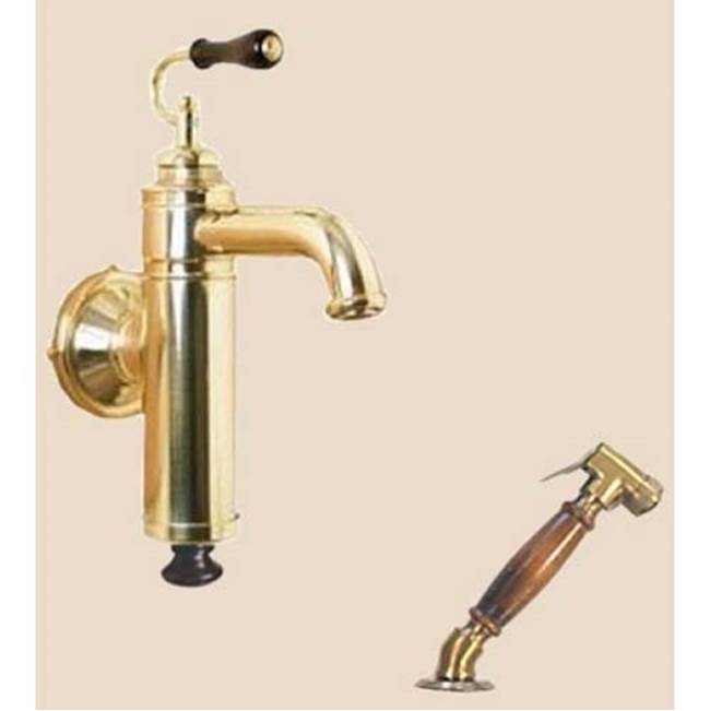 Herbeau ''Estelle'' Wall Mounted Single Lever Mixer with Ceramic Disc Cartridge and Deck Mounted Handspray in Wooden Handles, Lacquered Polished Copper