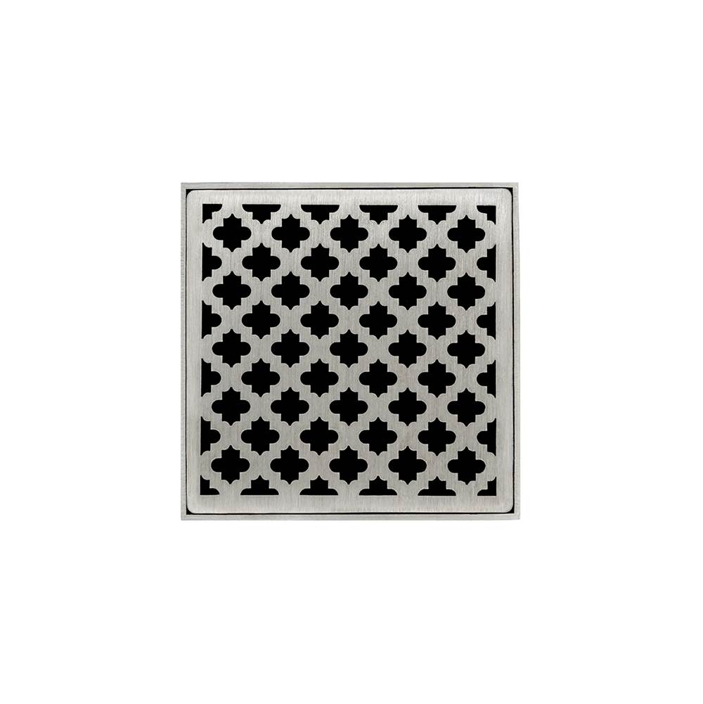 Infinity Drain 5'' x 5'' MDB 5 Complete Kit with Moor Pattern Decorative Plate in Satin Stainless with Stainless Steel Bonded Flange Drain Body, 2'' No Hub Outlet