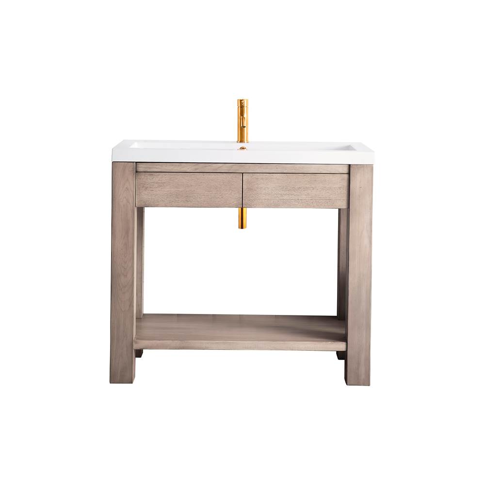 James Martin Vanities Brooklyn 39.5'' Wooden Sink Console, Platinum Ash w/ White Glossy Composite Countertop