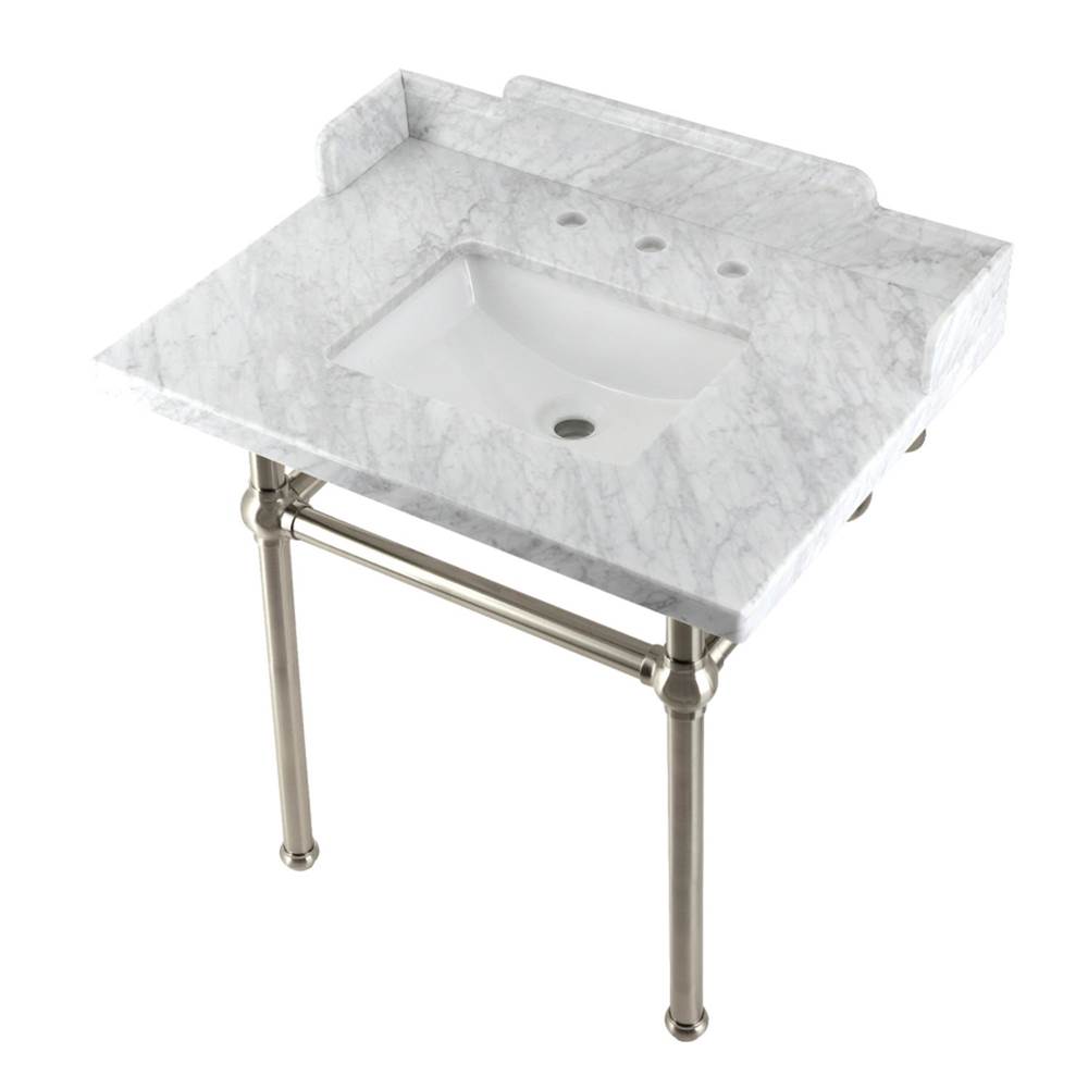 Kingston Brass Kingston Brass LMS3030MBSQ8 Pemberton 30'' Carrara Marble Console Sink with Brass Legs, Marble White/Brushed Nickel