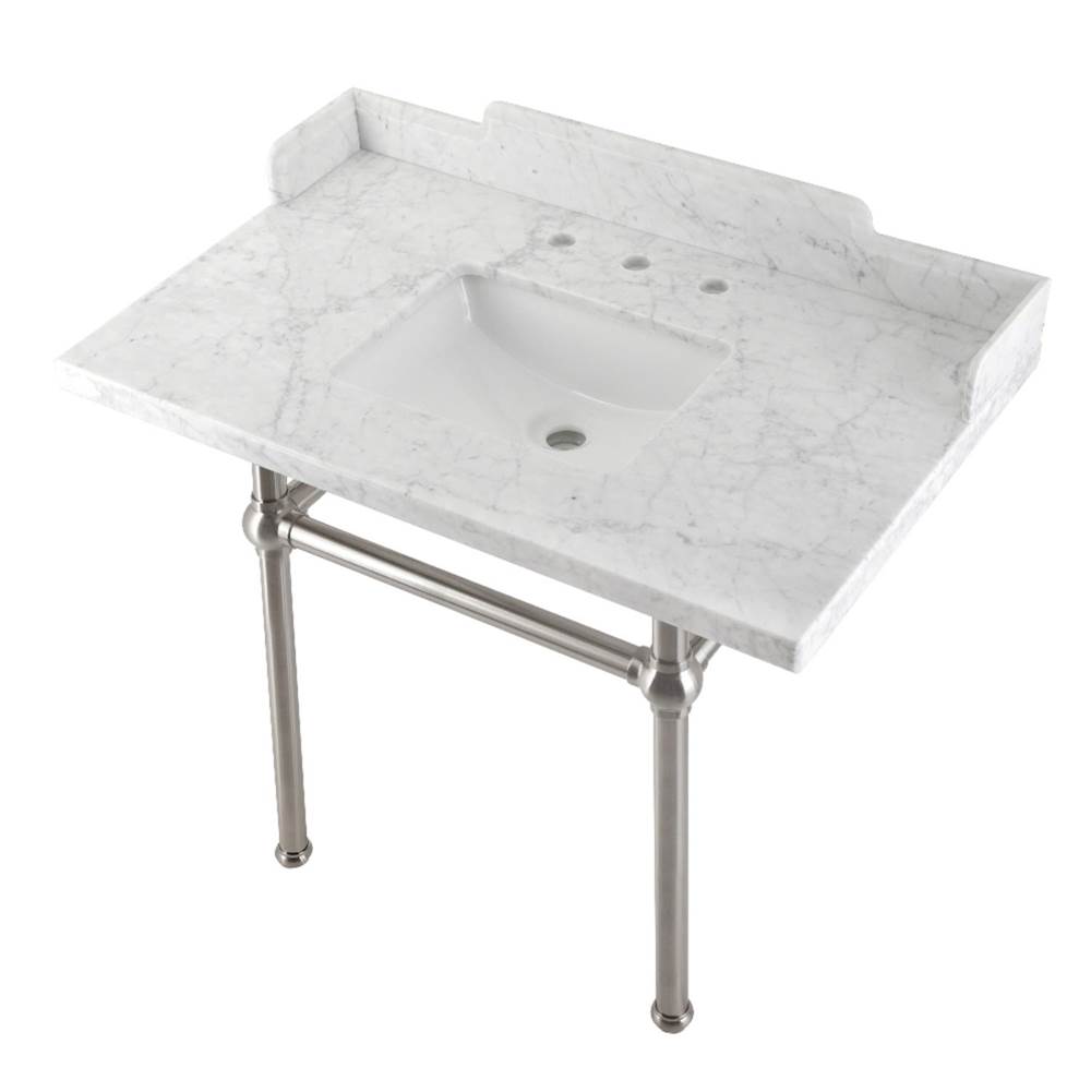 Kingston Brass Kingston Brass LMS3630MBSQ8 Pemberton 36'' Carrara Marble Console Sink with Brass Legs, Marble White/Brushed Nickel