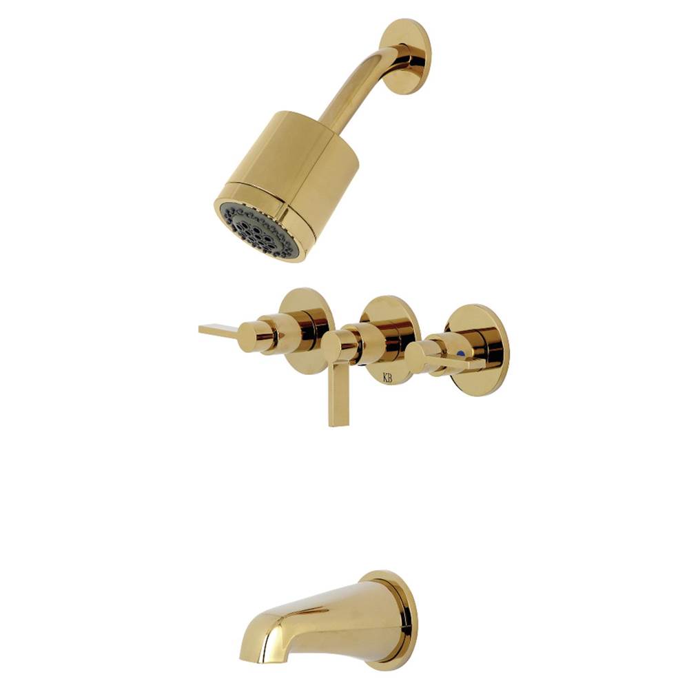 Kingston Brass NuvoFusion Three-Handle Tub and Shower Faucet, Polished Brass
