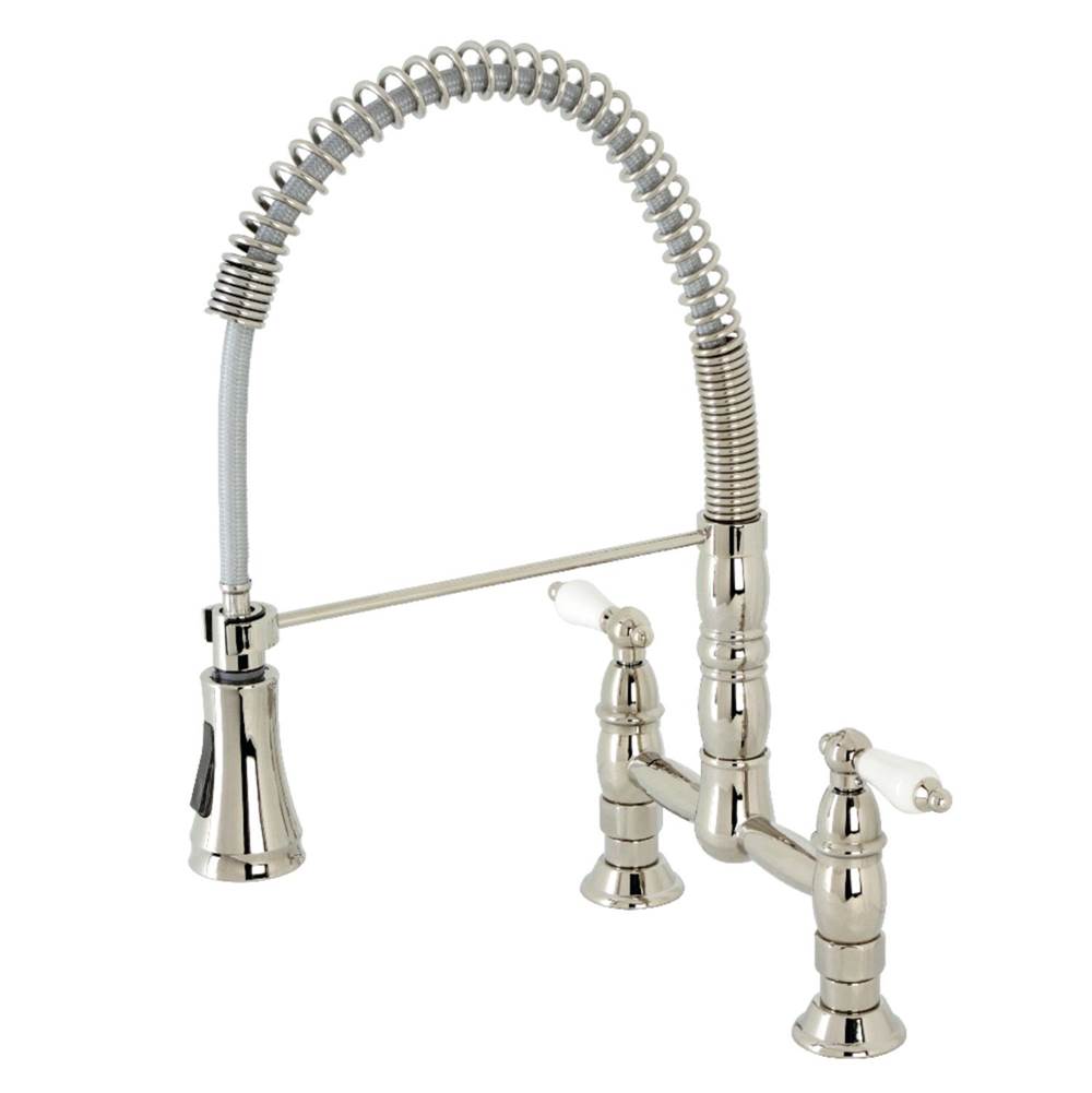 Kingston Brass Gourmetier Heritage Two-Handle Deck-Mount Pull-Down Sprayer Kitchen Faucet, Polished Nickel