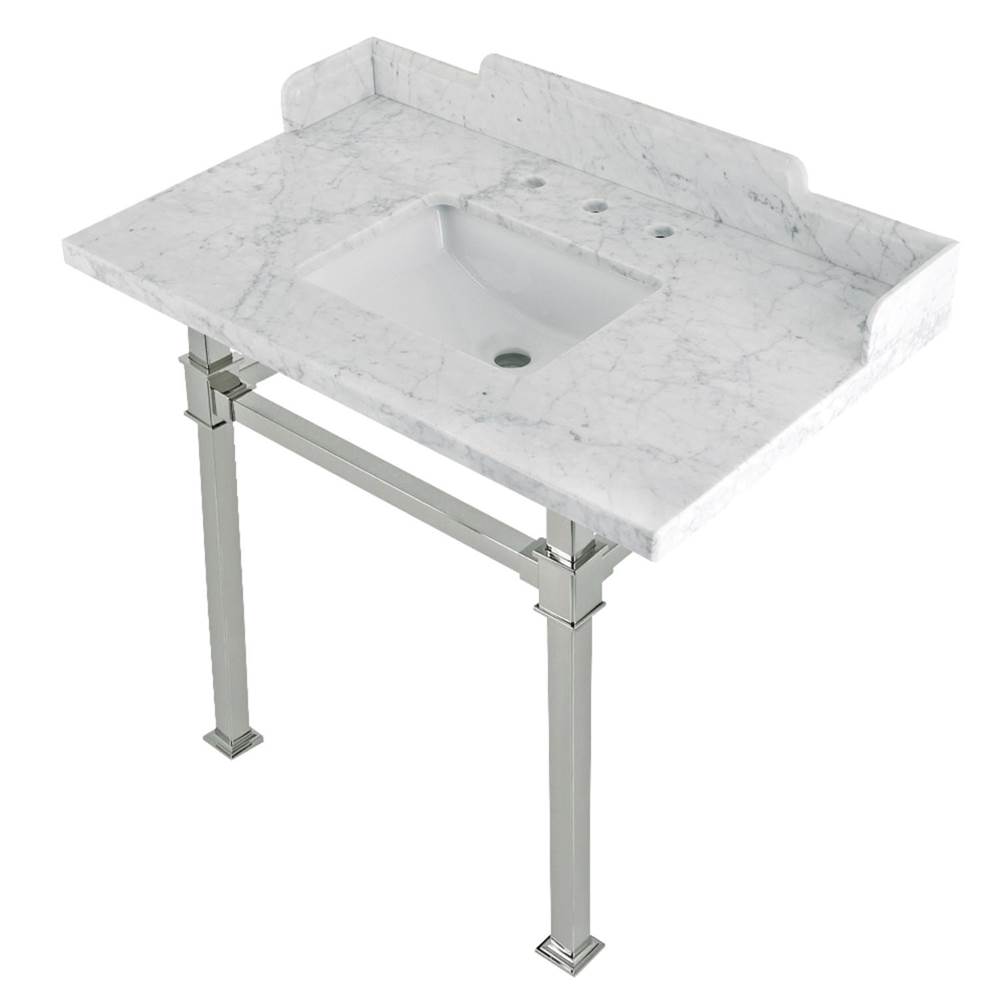 Kingston Brass Kingston Brass LMS36MSQ6 Viceroy 36'' Carrara Marble Console Sink with Stainless Steel Legs, Marble White/Polished Nickel