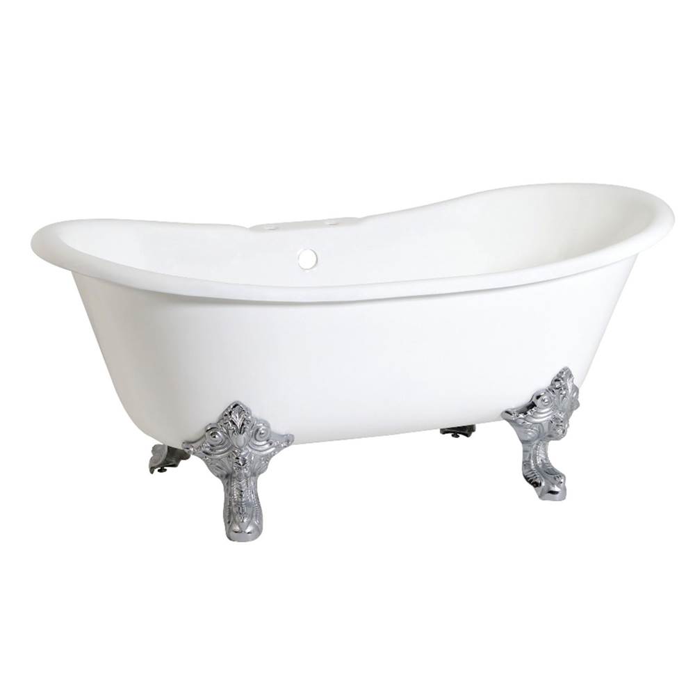 Kingston Brass Aqua Eden 67-Inch Cast Iron Double Slipper Clawfoot Tub with 7-Inch Faucet Drillings, White/Polished Chrome