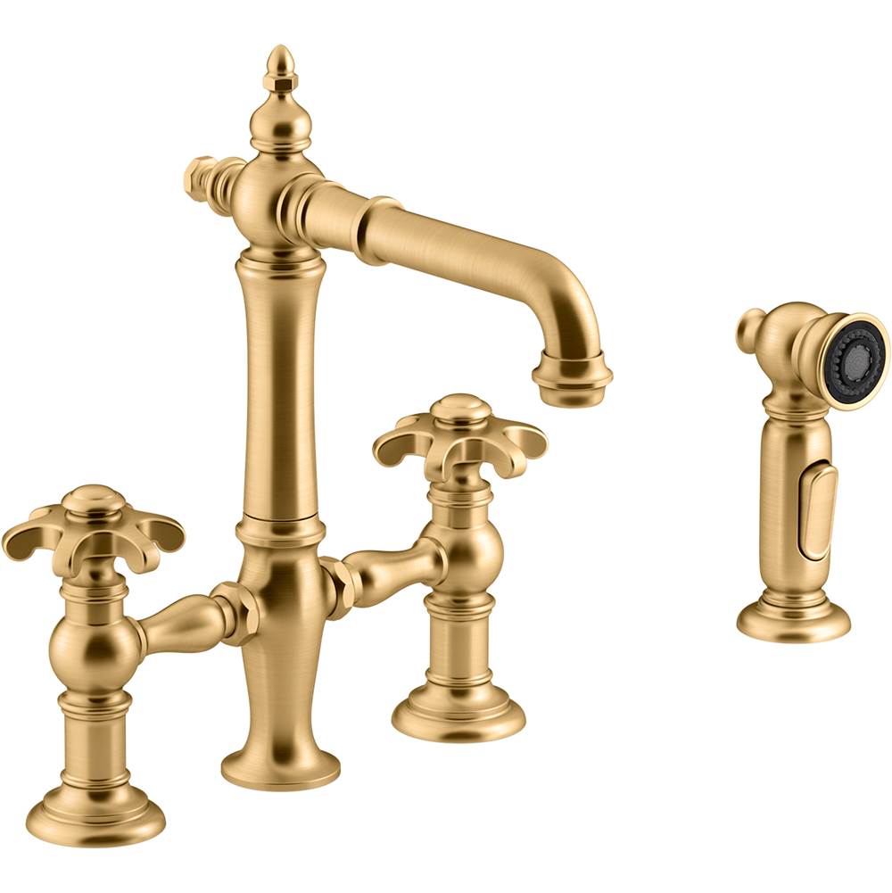 Kohler Artifacts® Deck-mount bridge bar sink faucet with prong handles and sidespray