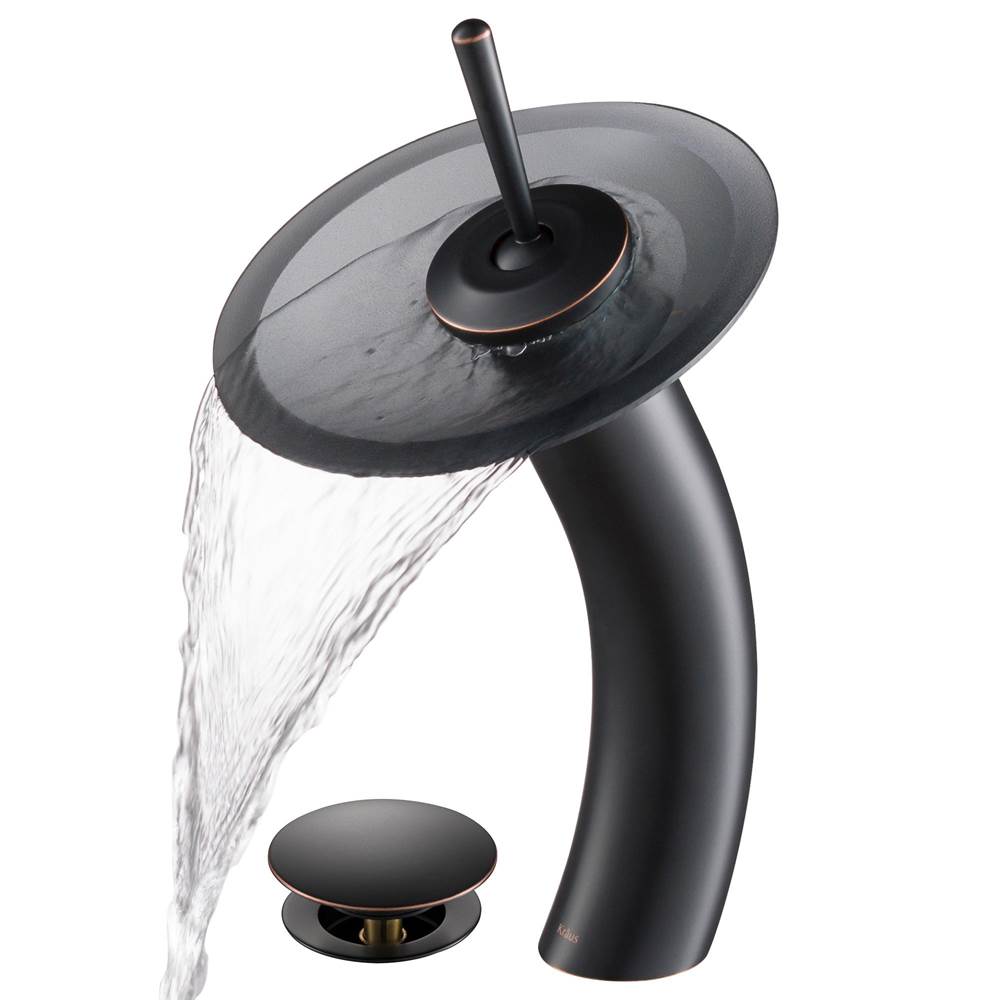Kraus KRAUS Tall Waterfall Bathroom Faucet for Vessel Sink with Frosted Black Glass Disk and Pop-Up Drain, Oil Rubbed Bronze Finish