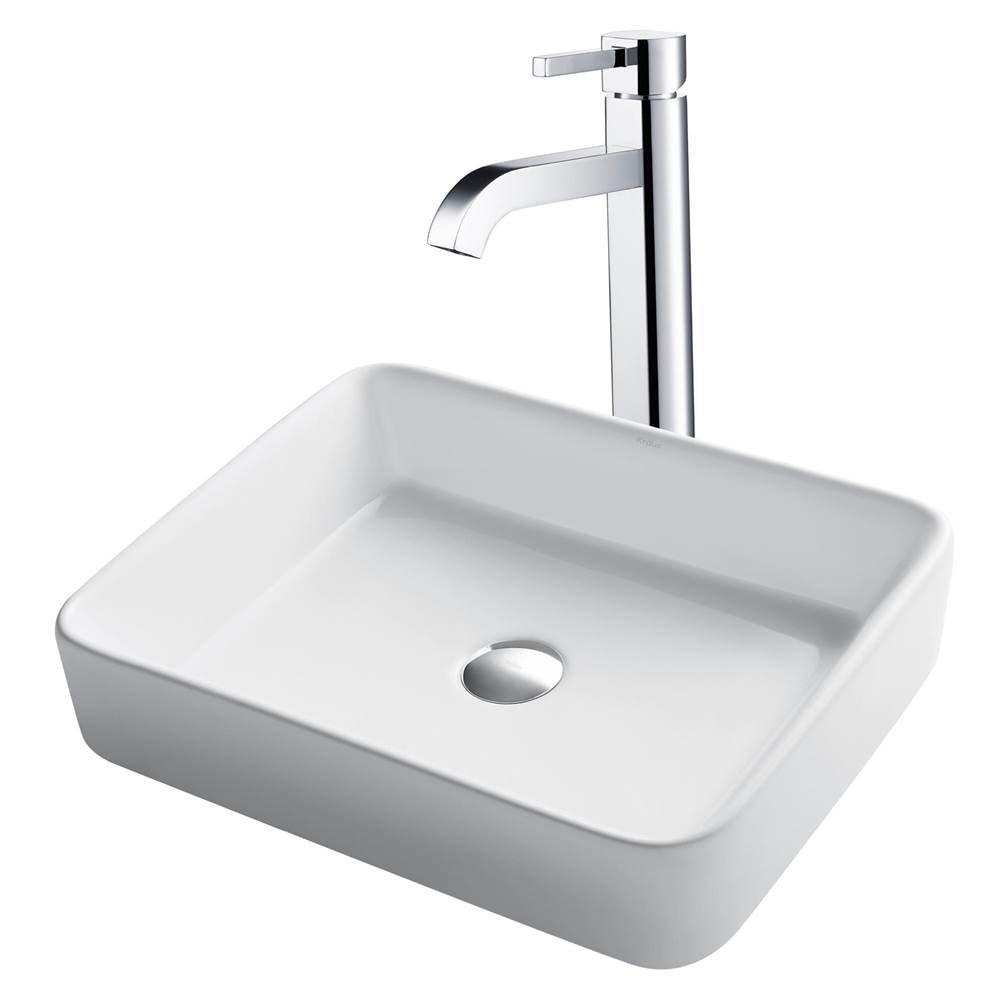 Kraus 19-inch Modern Rectangular White Porcelain Ceramic Bathroom Vessel Sink and Ramus Faucet Combo Set with Pop-Up Drain, Chrome Finish