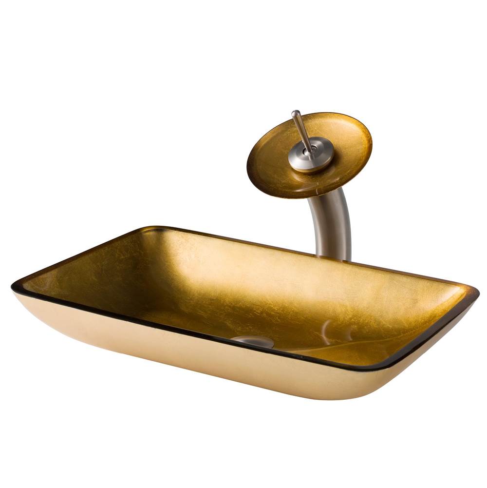 Kraus KRAUS Rectangular Gold Glass Bathroom Vessel Sink and Waterfall Faucet Combo Set with Matching Disk and Pop-Up Drain, Satin Nickel Finish