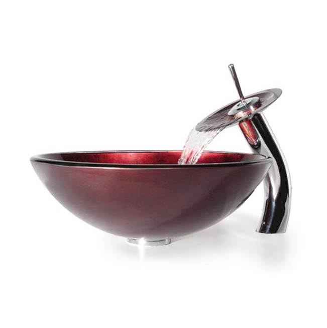 Kraus KRAUS Irruption Glass Vessel Sink in Red with Single Hole Single-Handle Waterfall Faucet in Chrome