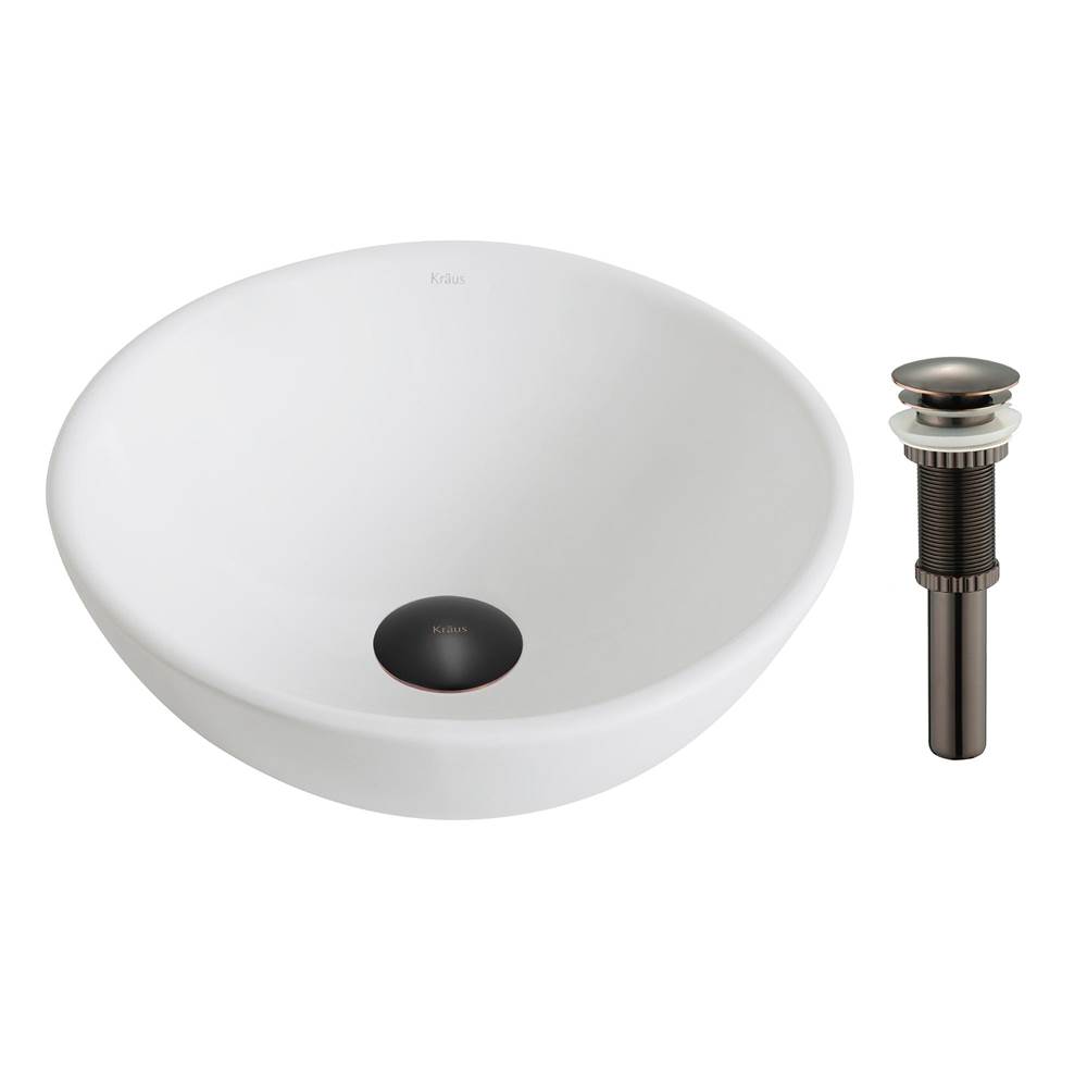 Kraus KRAUS Elavo™ Small Round Ceramic Vessel Bathroom Sink in White with Pop-Up Drain in Oil Rubbed Bronze
