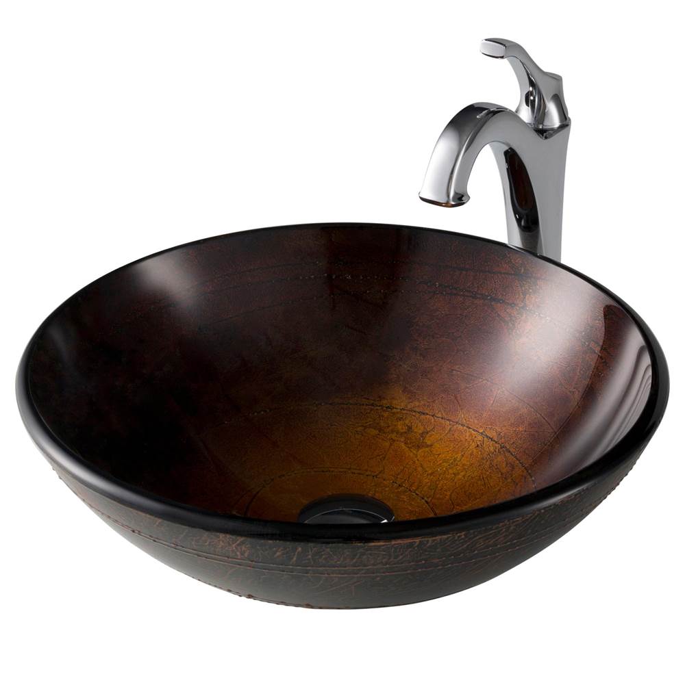 Kraus 16 1/2-inch Copper Brown Bathroom Vessel Sink and Arlo Faucet Combo Set with Pop-Up Drain, Chrome Finish