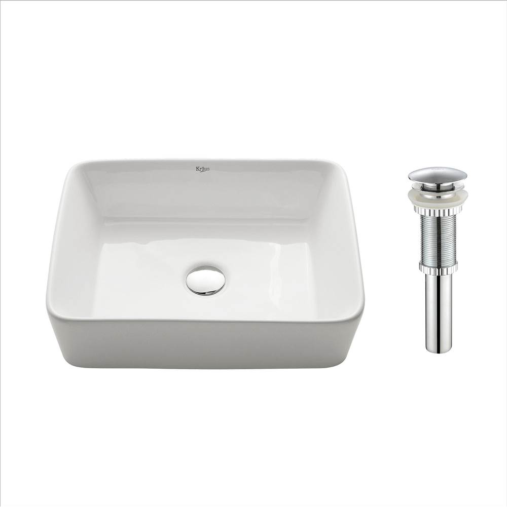 Kraus Rectangular Ceramic Vessel Bathroom Sink in White with Pop-Up Drain in Chrome