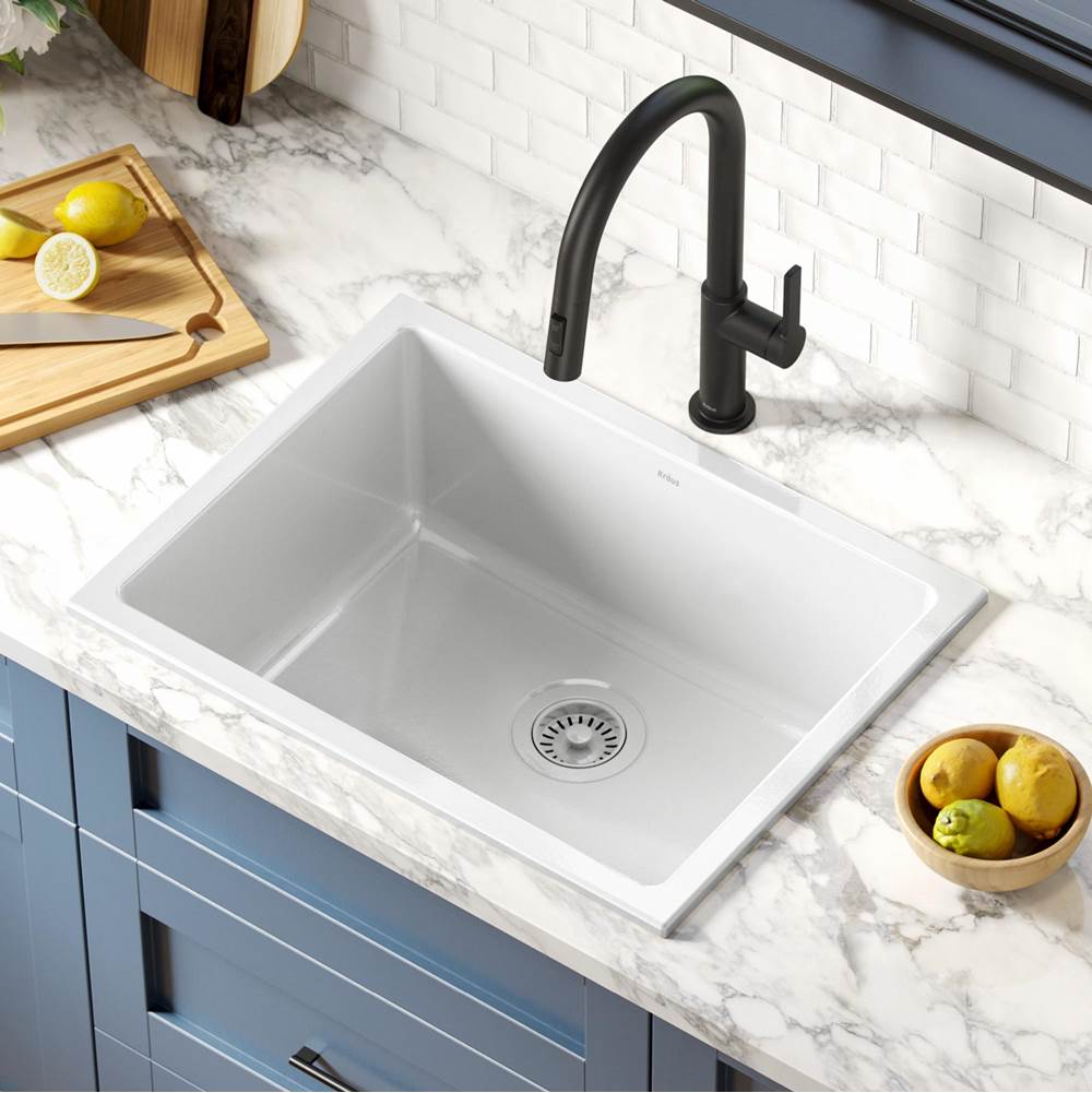 Kraus KRAUS Turino 24'' Drop-In Undermount Fireclay Single Bowl Kitchen Sink with Thick Mounting Deck in Gloss White