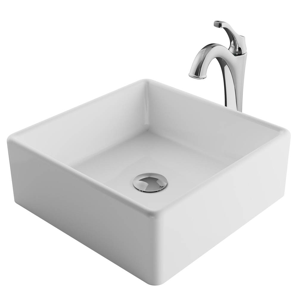 Kraus Elavo 15-inch Square White Porcelain Ceramic Bathroom Vessel Sink and Arlo Faucet Combo Set with Pop-Up Drain, Chrome Finish
