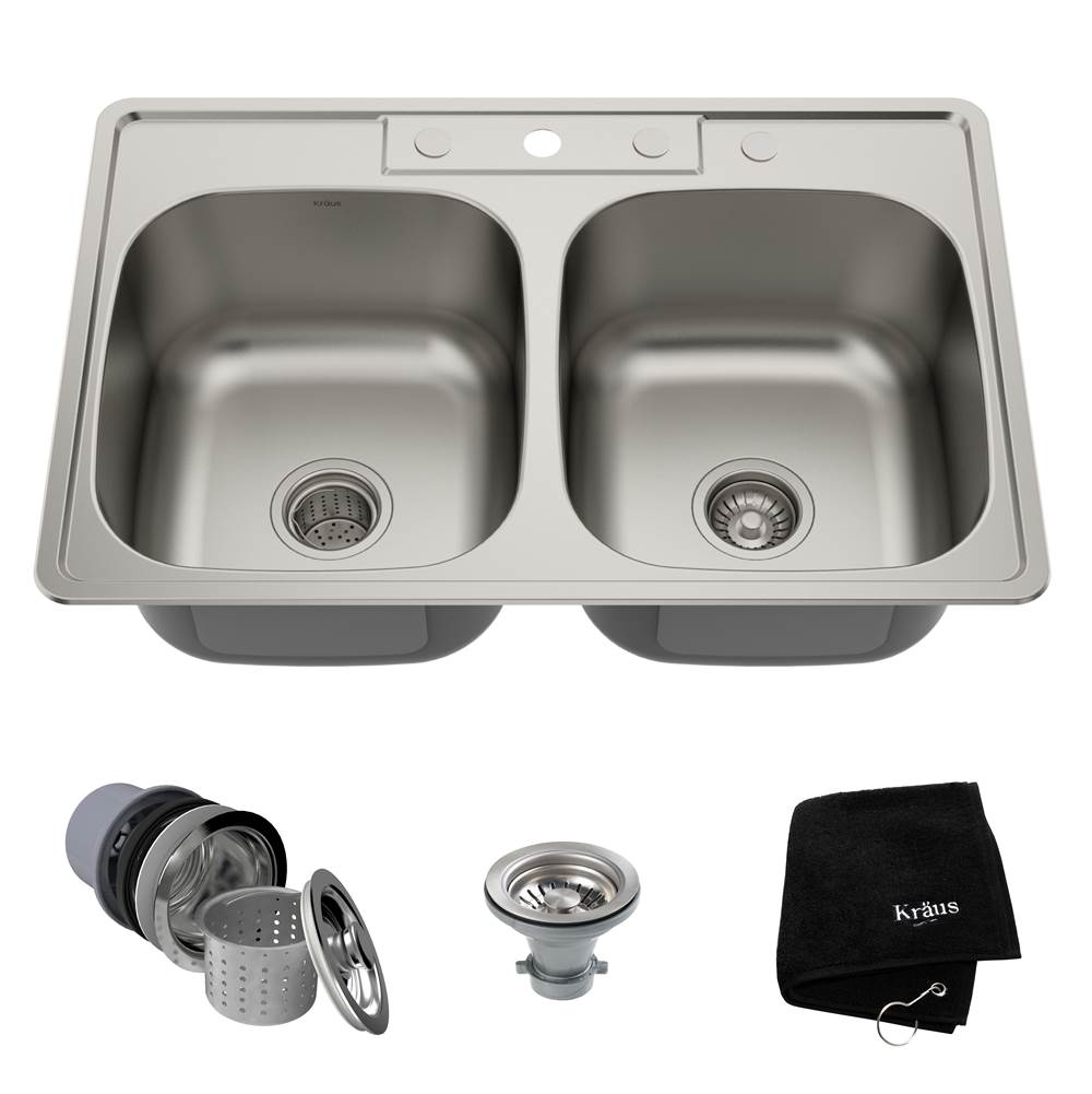 Kraus KRAUS 33 Inch Topmount 50/50 Double Bowl 18 Gauge Stainless Steel Kitchen Sink with NoiseDefend Soundproofing