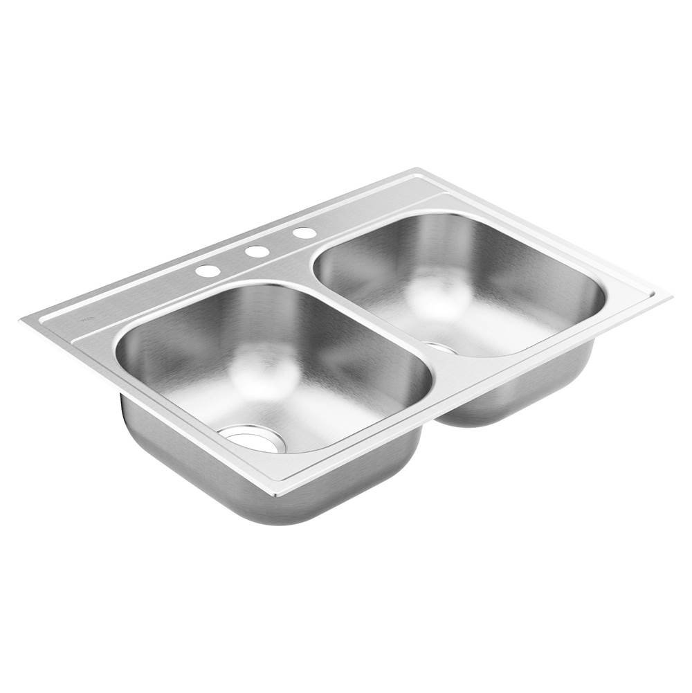 Moen 2000 Series 33-inch 20 Gauge Drop-in Double Bowl Stainless Steel Kitchen Sink, 3 Hole, Featuring QuickMount