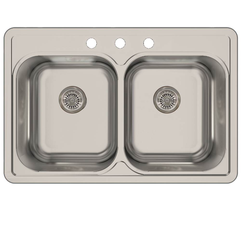 Nantucket Sinks 33 Inch Double Bowl Equal Self Rimming Stainless Steel Drop In Kitchen Sink, 18 Gauge