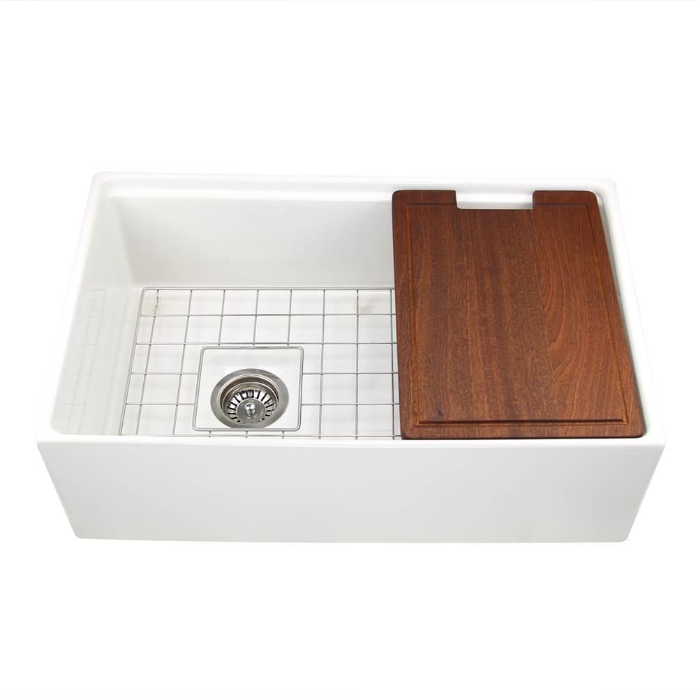 Nantucket Sinks 30 Inch Fireclay Sink With OffSet Drain. Grid and Drain and Wood Cutting Board Included