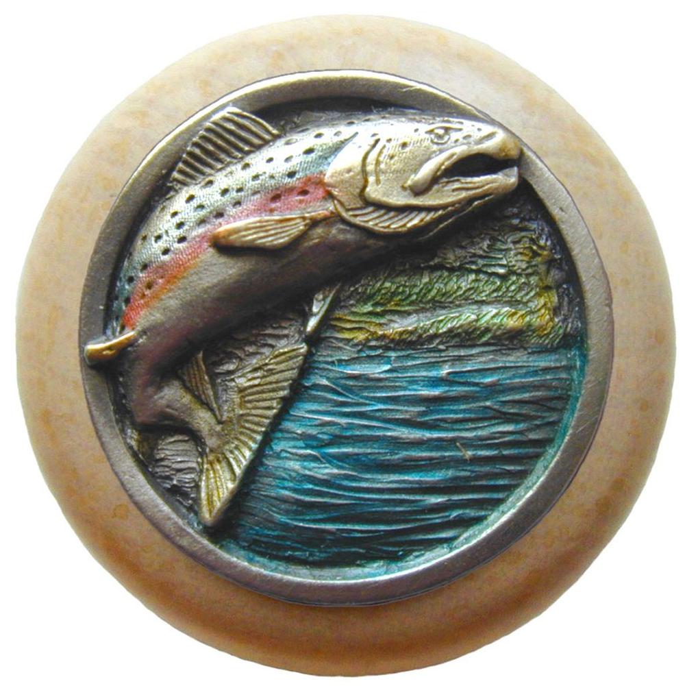 Notting Hill Leaping Trout Wood Knob in Hand-tinted Antique Pewter/Natural wood finish